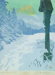 Hans Neumann, Winterlandschaft mit Marterl, 1920, Woodcut printed in colours