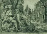 Der gute Samariter legt den Überfallenen auf den Esel by Heinrich Aldegrever, 1554, Copper engraving, sold Mar 2004