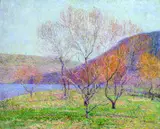 Paul Baum, Küstenbäume bei Taormina in Spätherbstsonne, vor Küstenhängen an einer Meeresbucht, 1898, Oil on canvas