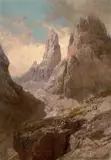 Edward Theodore Compton, Der Winklerturm von der Vashütte aus (Vajolettürme im Rosengarten bei Bozen), 1909, Oil on canvas