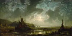 Eduard d. Ä. Schleich, Schiffe an der Küste bei Mondschein, Oil on canvas