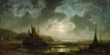 Eduard d. Ä. Schleich, Schiffe an der Küste bei Mondschein, Oil on canvas