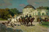 Wilhelm Velten, Vor Schloß Solitude, Aufbruch zur Fuchsjagd, Oil on panel