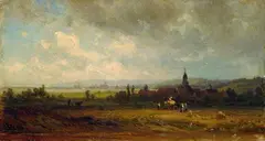 Dietrich Langko, Dorf in sommerlicher Landschaft mit heraufziehenden Regenwolken, 1886, Oil on paper
