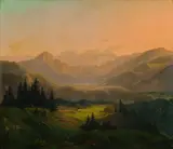 Wilhelm Fries, Bayerische Voralpenlandschaft mit Blick auf das Hochgebirge, 1845, Oil on canvas