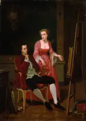 Marcelin Delechaux, Maler und Dame beim Betrachten eines Gemäldes, 1870, Oil on panel