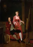 Marcelin Delechaux, Maler und Dame beim Betrachten eines Gemäldes, 1870, Oil on panel