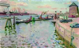 Conrad Felixmüller, Blick von der Überseebrücke nach Landungsbrücken, Sonne, vormittags
