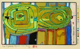 Two clouds raining seven colours by Friedensreich Hundertwasser, 1972, Woodcut printed in colours, sold Oct 2003