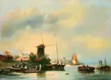 Cornelis Petrus t' Hoen, Holländisches Städtchen am Wasser mit Windmühle, Oil on panel