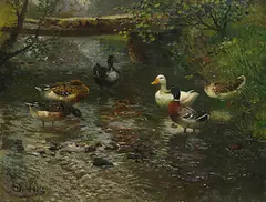 Enten am Bachufer by Adolf Lins, Oil on canvas, sold Oct 2003