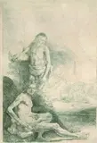 Harmensz. van Rijn Rembrandt, Zwei männliche Akte und ein Kleinkind im Laufstall