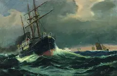 Vilhelm Bille, Dampfer mit Stützsegeln auf stürmischer See, Oil on canvas