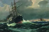 Vilhelm Bille, Dampfer mit Stützsegeln auf stürmischer See, Oil on canvas