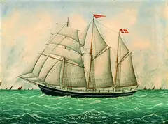 Englischer Schiffsporträtist, Dreimastschoner "Nanna Capt. Madsen", Oil on cardboard