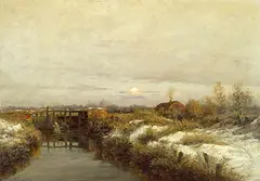 August Schlueter, Winterlandschaft mit Bauernhaus an einem Flusslauf, Oil on canvas