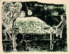 Gustav Kluge, 2 Bll.: Freßsperre II. Szene mit Hunden, 1980, Woodcut