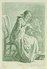 Die beiden sitzenden Damen by Daniel Nikolaus Chodowiecki, 1758, Etching, sold Oct 2003