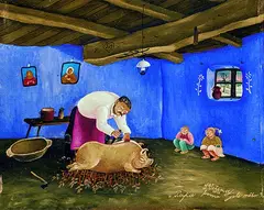 Ivan Večenaj, Vater schlachtet ein Schwein, 1962, Oil on canvas
