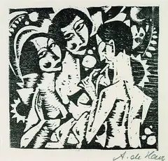 Adolf de Haer, Flötenspieler und zwei Mädchen, 1919, Woodcut