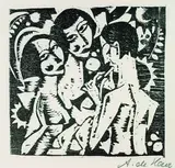 Adolf de Haer, Flötenspieler und zwei Mädchen, 1919, Woodcut