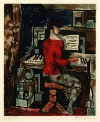 Marcel Gromaire, La femme au piano, 1928, Aquatint printed in colours