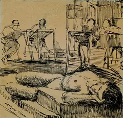 Dans l'atelier by Jacques Villon, Pen and Indian ink drawing, sold Oct 2003