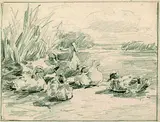 Alexander Koester, Sechs Enten am Ufer mit Wolke, Pencil drawing