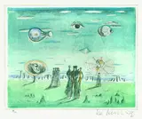 Mac Zimmermann, Figuren in surrealistischer Landschaft, 1971, Colour etching