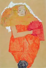 Egon Schiele, Frau mit rotem Muff, in einem orangefarbenen Kleid, 1911, Watercolour