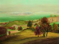 Bodenseelandschaft mit Kartoffelernte und Blick auf die Reichenau by Otto Dix, 1940, Oil on panel, sold Jun 2003