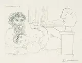 Pablo Picasso, Le repos du sculpteur I (sculpteur et son modèle avec la tête sculptée du modèle), 1933, Etching