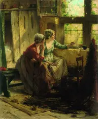 Edward Portielje, Zwei junge Mädchen aus dem Fenster blickend, Oil on canvas