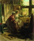 Edward Portielje, Zwei junge Mädchen aus dem Fenster blickend, Oil on canvas