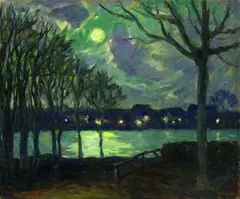 Ernst Wilhelm Eitner, Blick auf die nächtliche Alster, Oil on cardboard