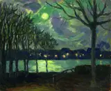 Ernst Wilhelm Eitner, Blick auf die nächtliche Alster, Oil on cardboard