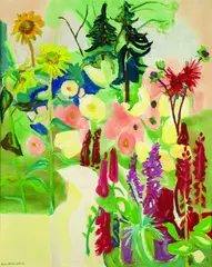 Werner von Houwald, 2 Tännchen im Blütengarten, 1963, Oil on canvas