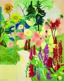 Werner von Houwald, 2 Tännchen im Blütengarten, 1963, Oil on canvas