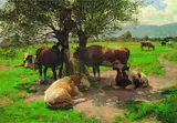 Julius Hugo Bergmann, Sommerliche Weidelandschaft mit rastenden Kühen unter Bäumen, 1891, Oil on cardboard