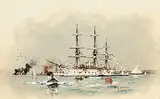 Willy Stöwer, Dreimastbark auf Reede vor Küstenlandschaft, Watercolour