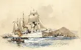 Willy Stöwer, Kreuzer vor afrikanischer Küste, Watercolour