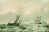 Petrus Johannes Schotel, Niederländische Brigg mit anderen Seglern und einem Ruderboot auf bewegter See vor Texel, Watercolour