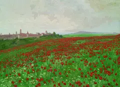 Friedrich Schwinge, Mohnfeld vor der Stadt, 1885, Tempera