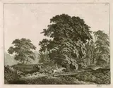 Carl Wilhelm Kolbe, Parklandschaft, über eine Brücke sprengt ein Reiter nach rechts