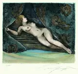 Ernst Fuchs, 5 Bll.: Nocturno. Mädchen mit Blumenkranz. Mädchen mit Taube. Eva im Herbst. Malcha, Colour etching