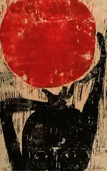 Gustav Kluge, Ballfangen, 1987, Woodcut printed in colours