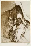 Horst Janssen, 3 Bll.: Selbst für Sächle. Selbstbildnis "Griffelkunst Langenhorn" (Ergo). Selbstbildnis "Gruss der Griffelkunst", 1979, Etching