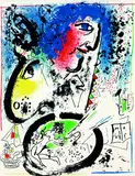 Marc Chagall, 3 Bll.: Eiffelturm in Grün. Stilleben in Braun. Chagall Lithograph I - Titelblatt: Selbstporträt, 1957, Lithograph printed in colours