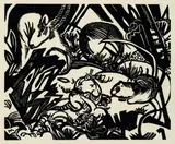 Franz Marc, Tierlegende, 1912, Holzschnitt auf wolkigem Papier