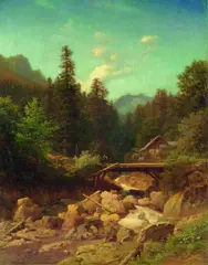 Hermann Pohle, Gebirgslandschaft mit hölzernem Steg, 1857, Oil on canvas